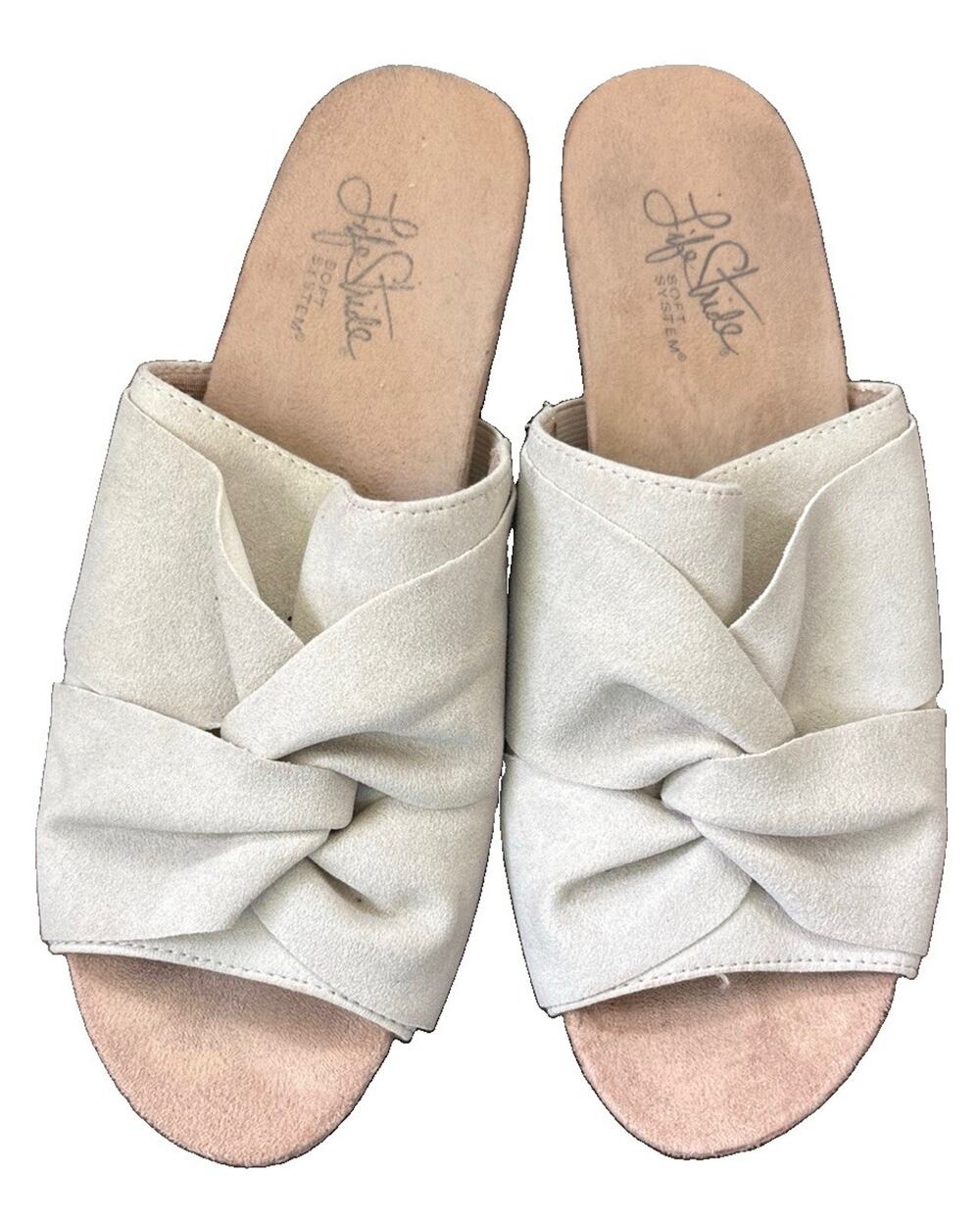 Life Stride Mallory Flex Wedge Sandal Beige Faux Suede Slides Size 7.5 M Comfort